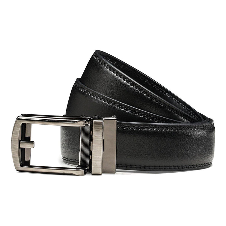 Elegante cintura uomo in vera pelle nera, fibbia a cricchetto per una vestibilità perfetta.