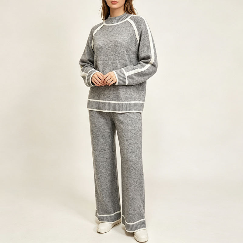 Outfit comodo donna: completo due pezzi con elegante top color block e pantaloni. Abbigliamento versatile per ogni giorno.