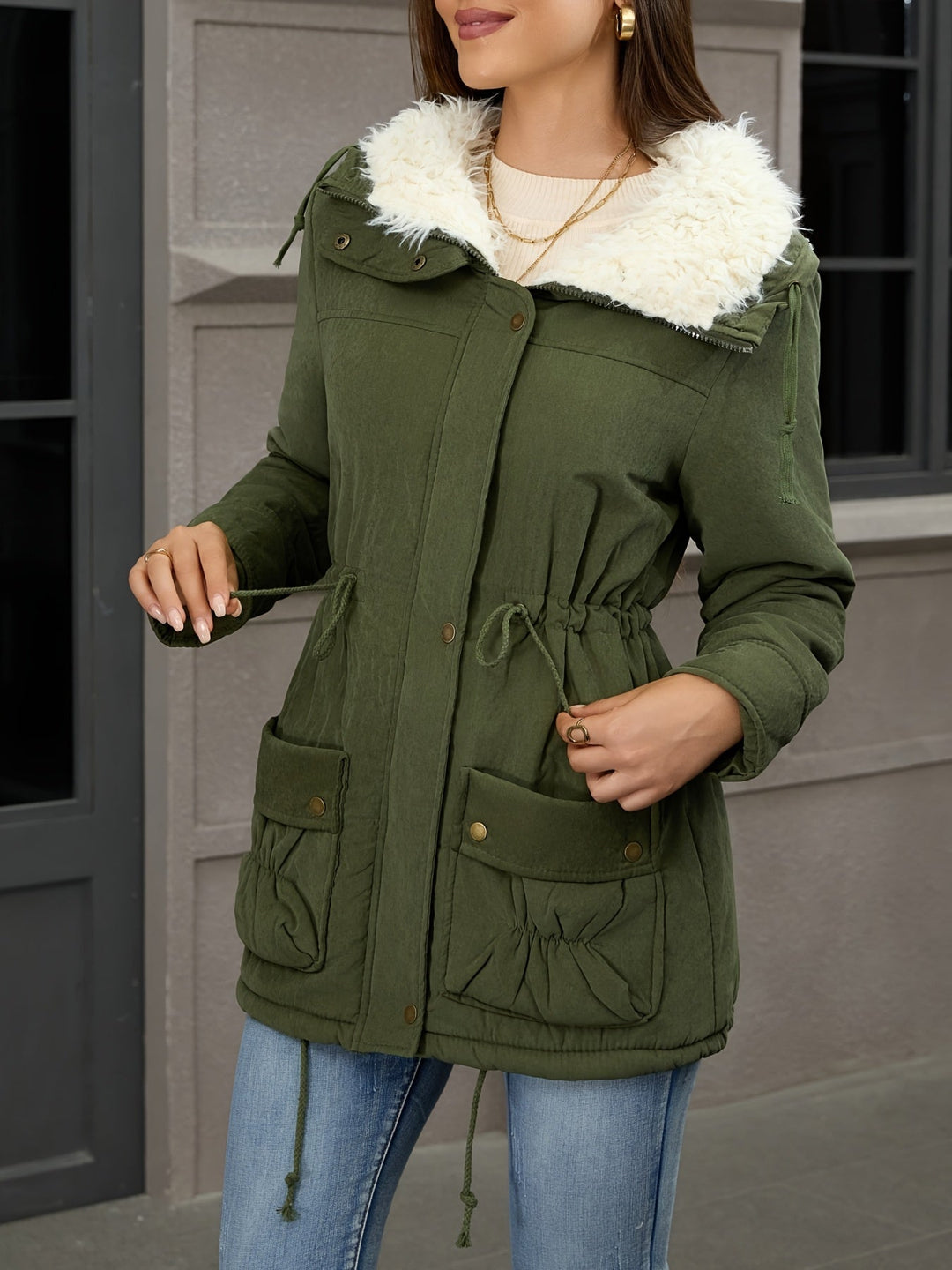 Parka lungo donna invernale, collo borg. Vita regolabile per comfort. Cappotto nero caldo e stiloso.