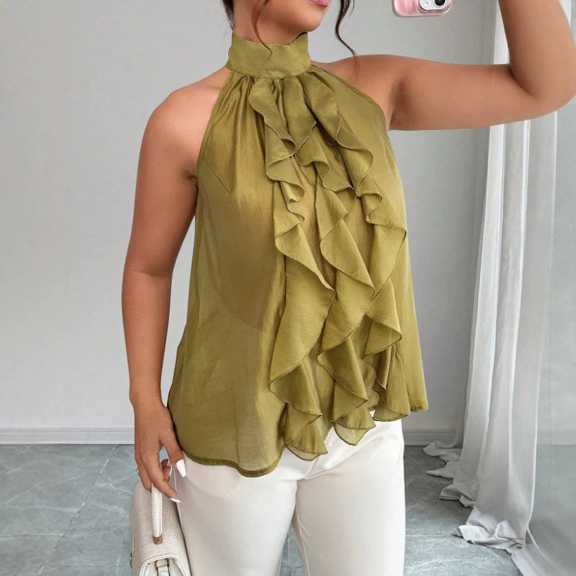 Top donna taglie forti stile francese elegante, senza maniche, scollo all'americana e orlo arricciato, verde oliva.
