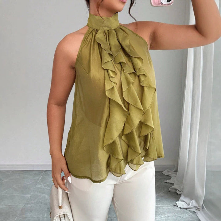 Top donna taglie forti stile francese elegante, senza maniche, scollo all'americana e orlo arricciato, verde oliva.