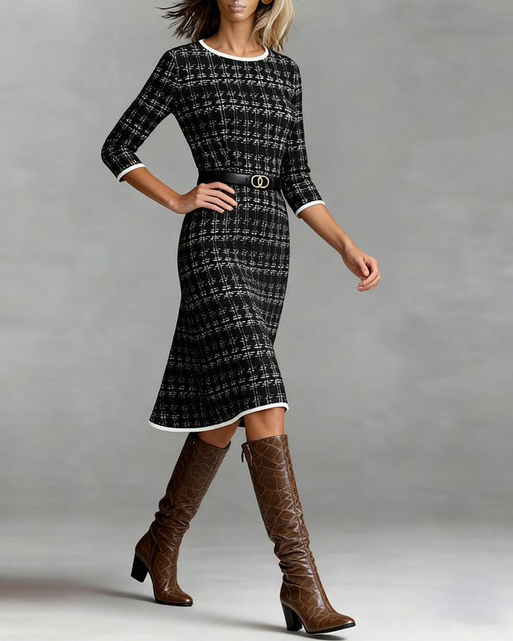 Vestito donna elegante nero con maniche 3/4, linea A al ginocchio. Abito autunnale girocollo, ideale casual o formale.