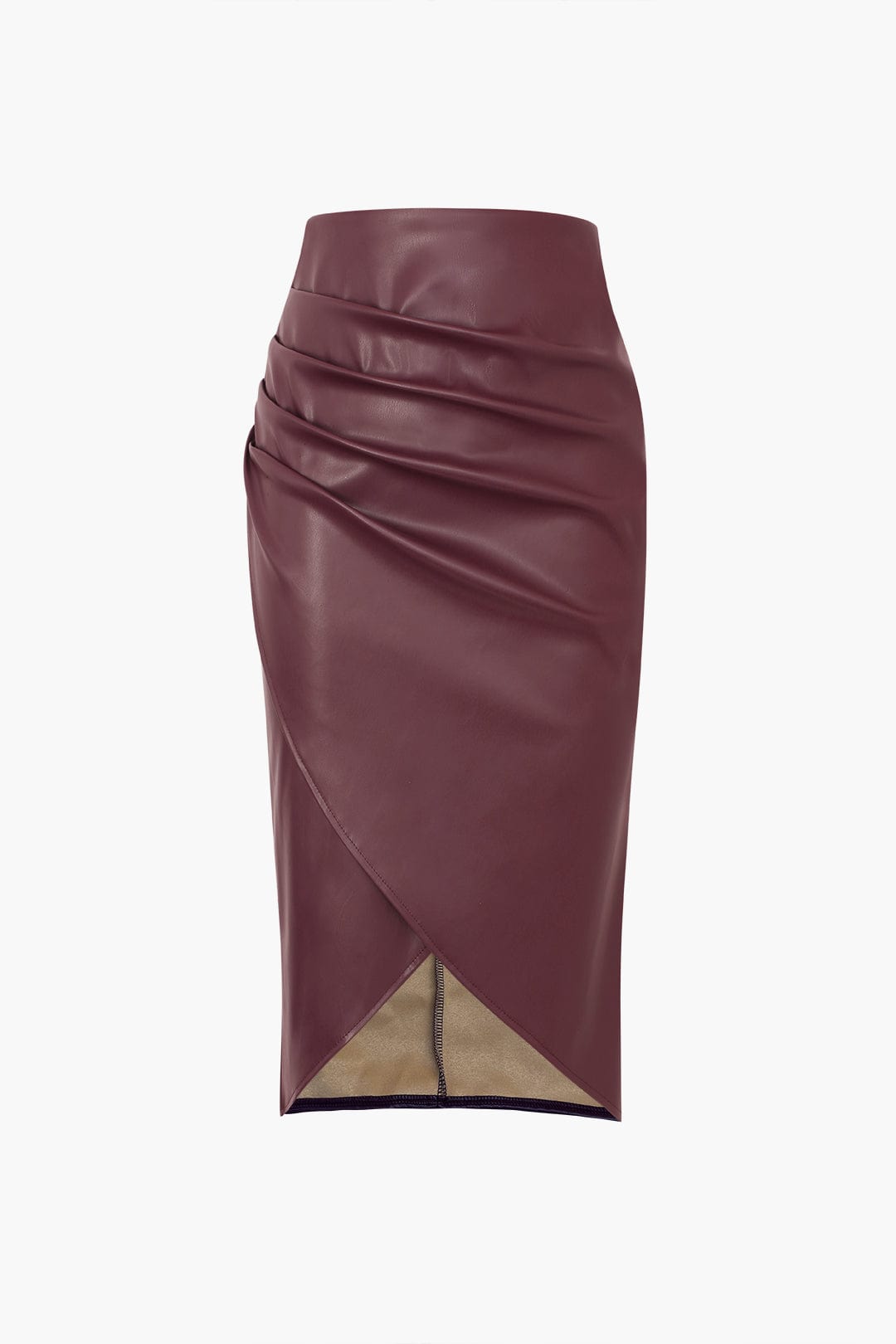 Gonna midi asimmetrica in pelle, aderente a vita alta, must-have della moda donna per outfit sofisticati.