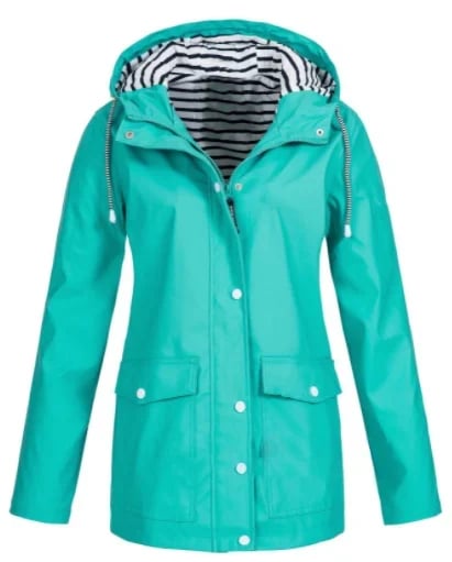 Giacca mezza stagione impermeabile donna, con cappuccio e tasche, ideale per il clima variabile.