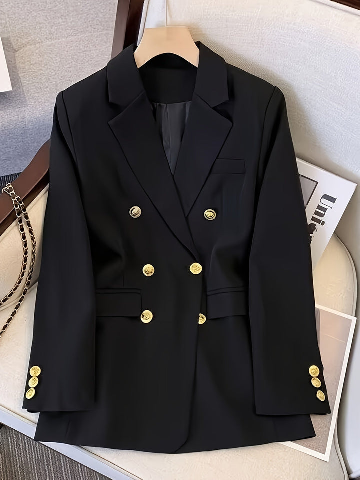 Blazer donna elegante slim con bottoni dorati, perfetto per ufficio e occasioni chic.