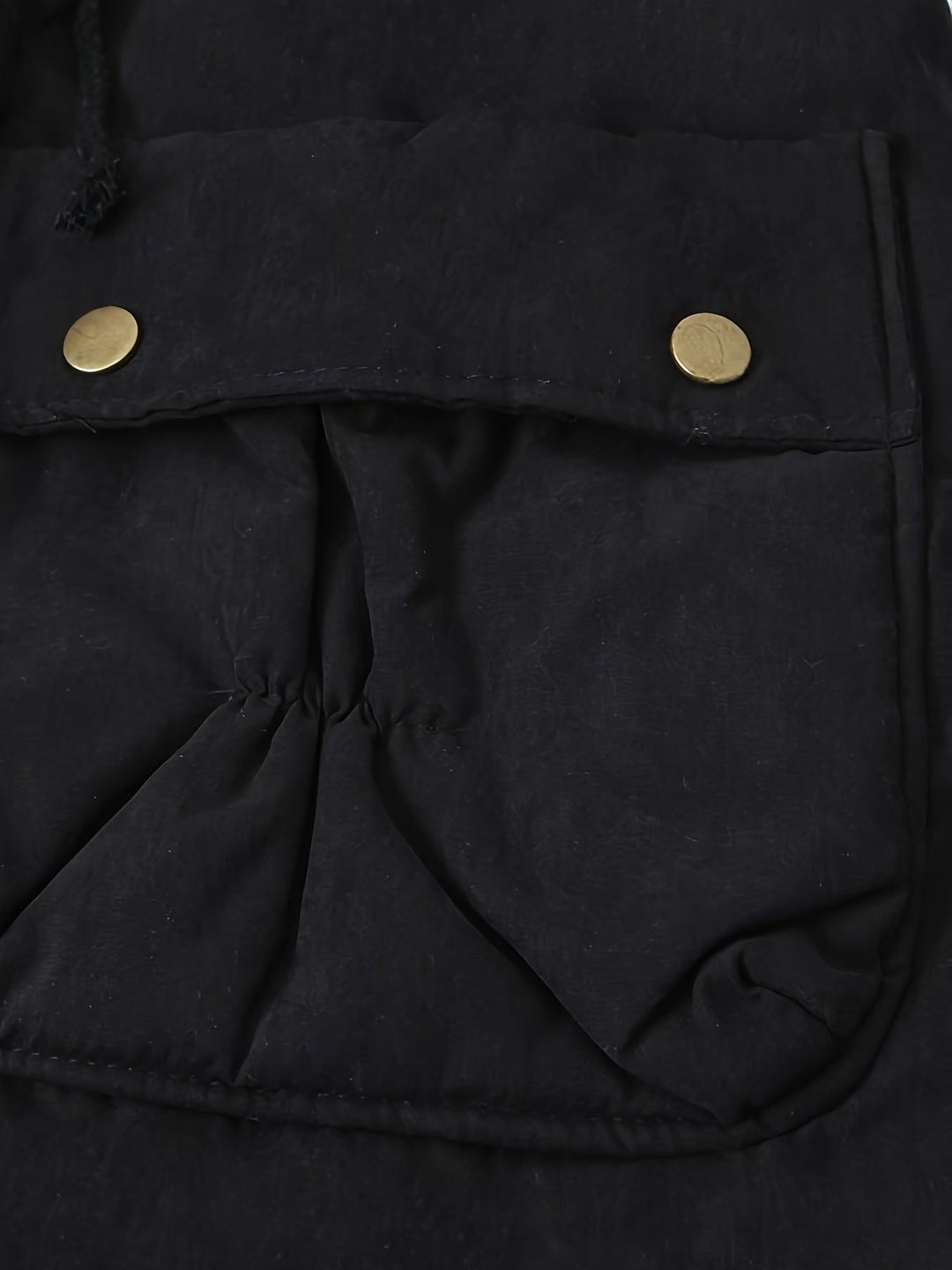 Raffinato parka lungo donna nero elegante, collo borg e vita regolabile. Perfetto per l'inverno in città.