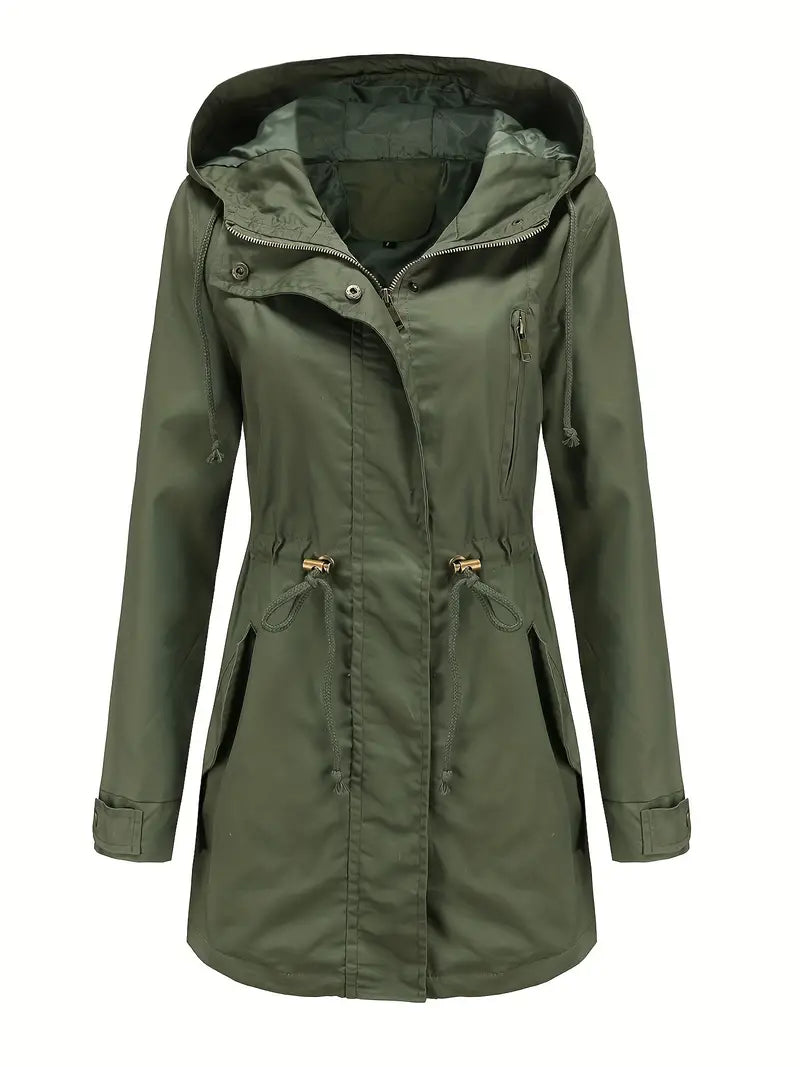 Cappotto trench donna lungo e impermeabile con cappuccio, per un look casual o elegante di tendenza.