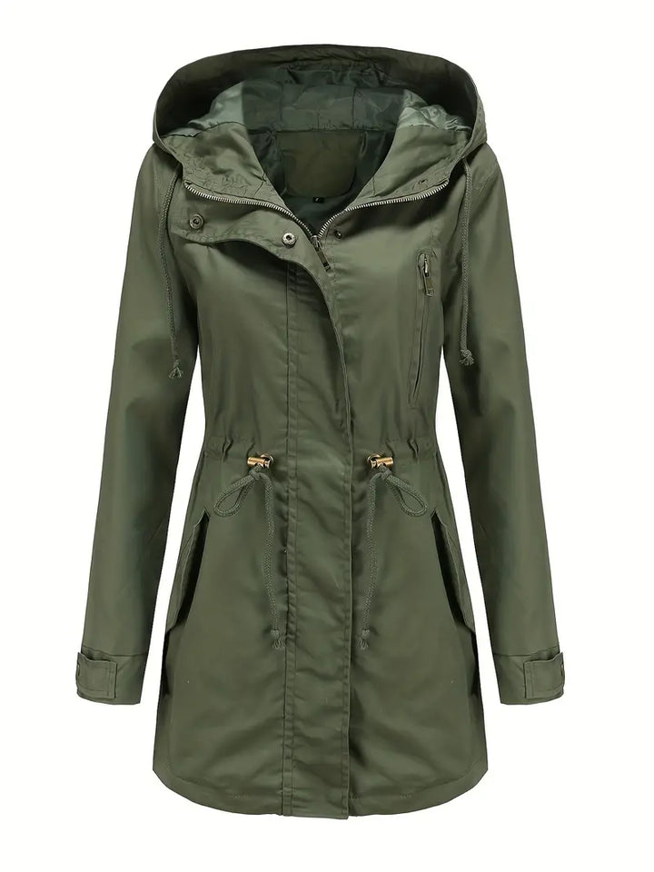 Cappotto trench donna lungo e impermeabile con cappuccio, per un look casual o elegante di tendenza.