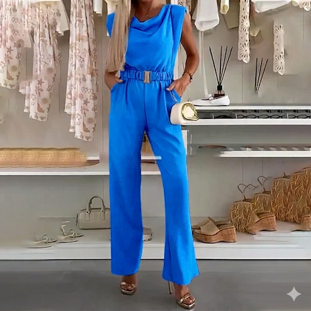 Tuta estiva donna con scollo drappeggiato, fibbia in vita e pantaloni ampi, perfetta per look casual-eleganti.