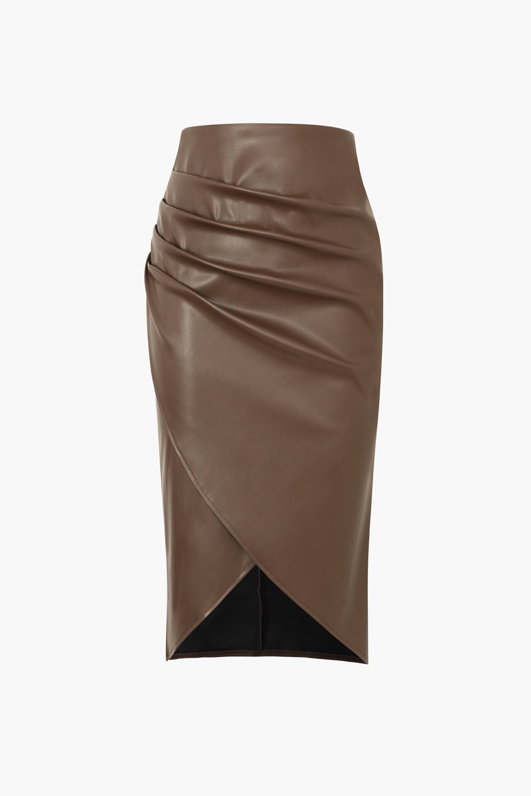 Gonna midi asimmetrica marrone in pelle da donna, aderente e a vita alta, ideale per l'ufficio o eventi.