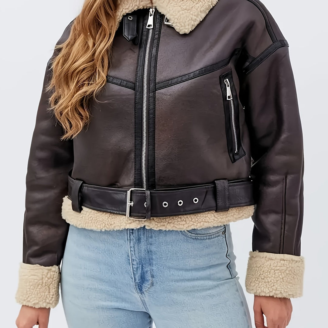 Giacca biker donna invernale marrone, calda con cintura regolabile, perfetta per stile rock e moda femminile.