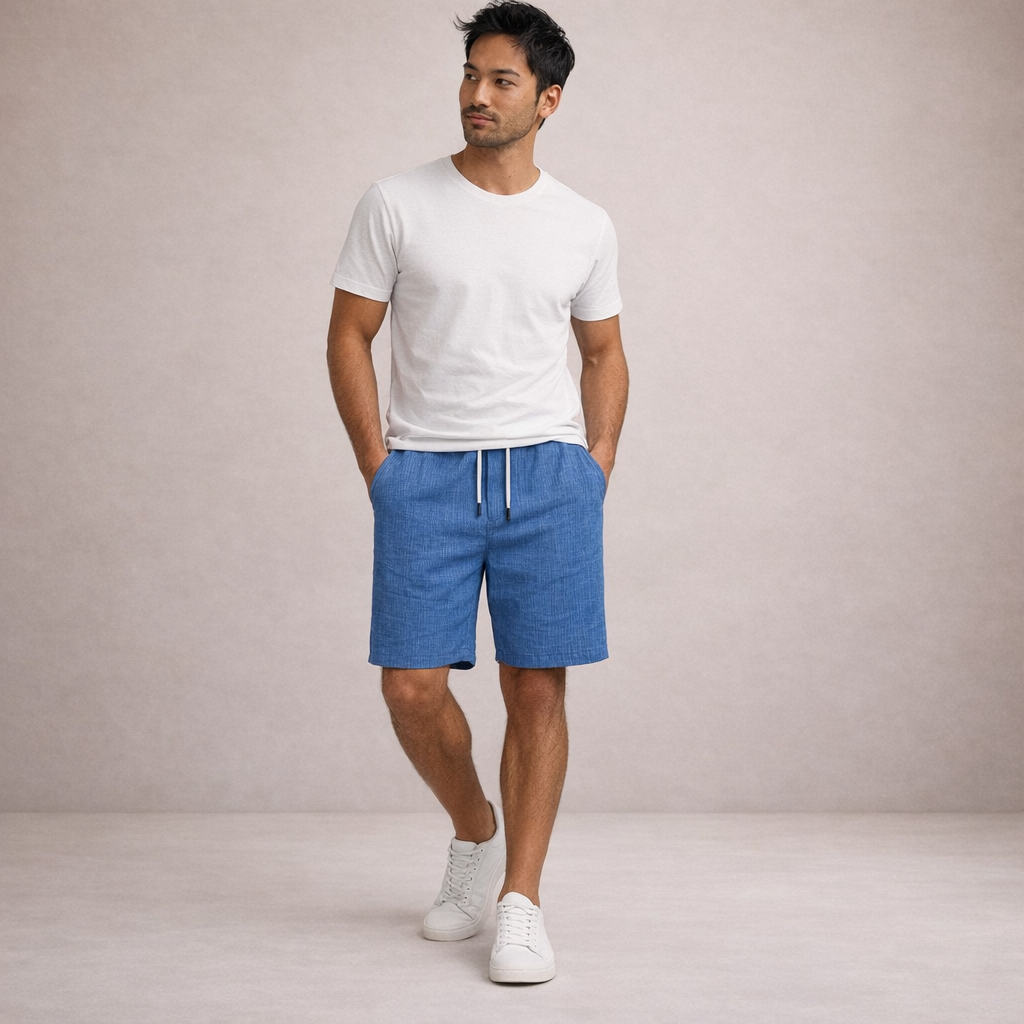 Moda mare uomo: shorts estivi casual con vita regolabile, versatili per spiaggia e relax.