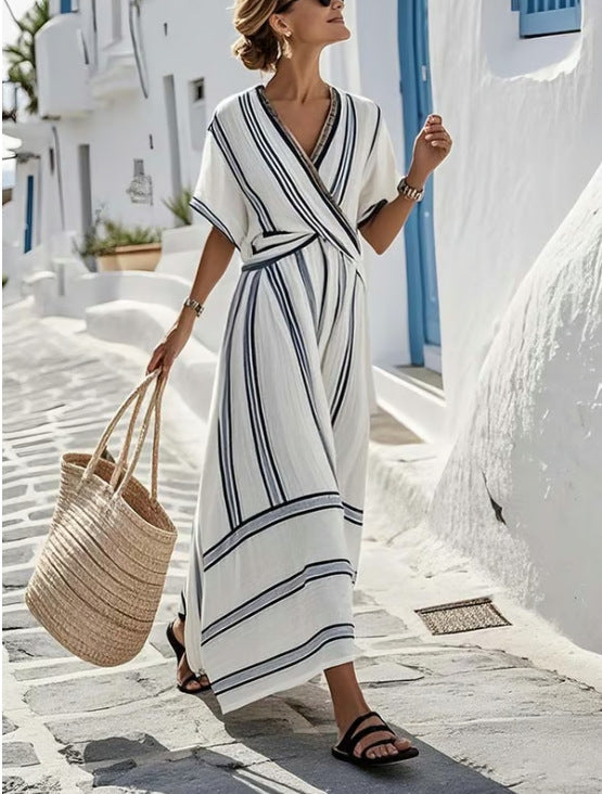 Abito maxi estivo da donna a righe boho, scollo a V, maniche corte, ideale per spiaggia e vacanze.