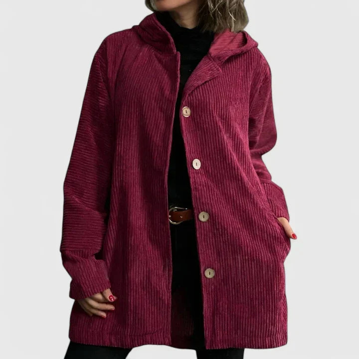 Giacca donna in velluto a coste con cappuccio, stile casual per autunno inverno.