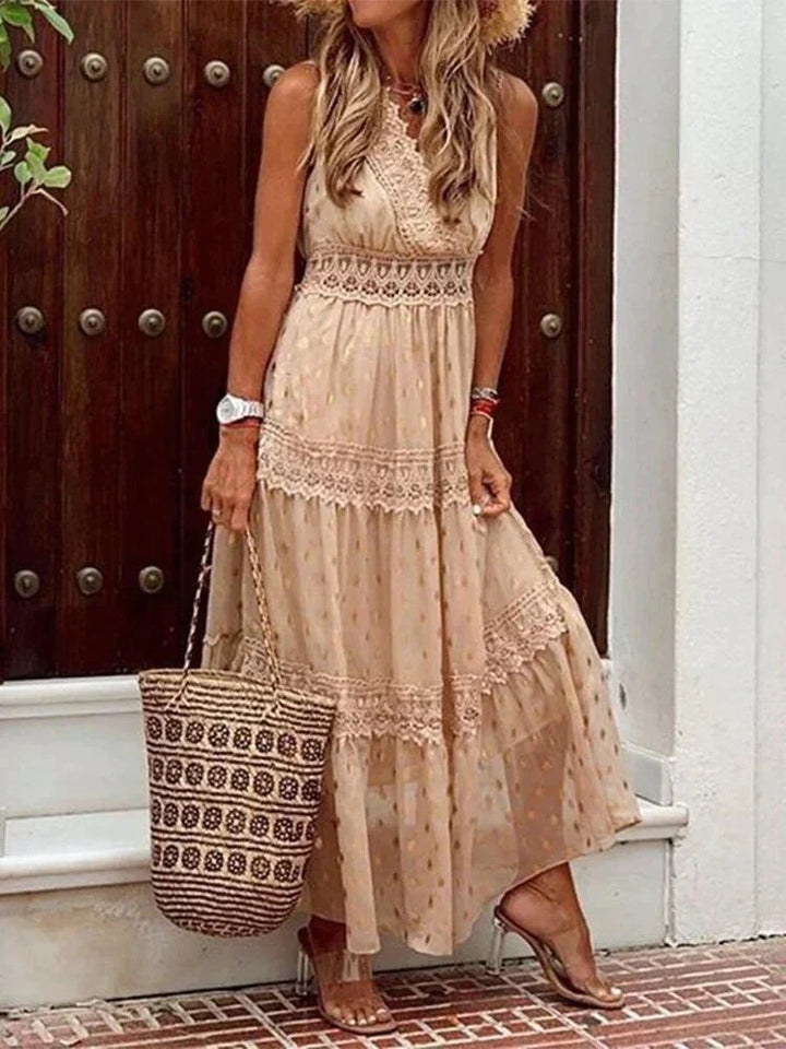 Vestito lungo estivo donna in pizzo, stile bohemian chic, perfetto per primavera.