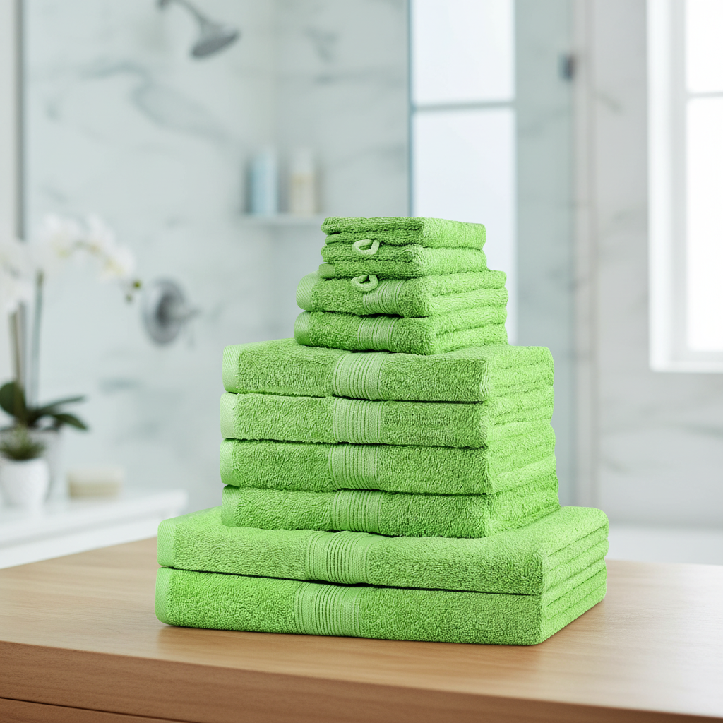Set asciugamani bagno 10 pezzi in cotone verde lime, morbidi e assorbenti per la casa.