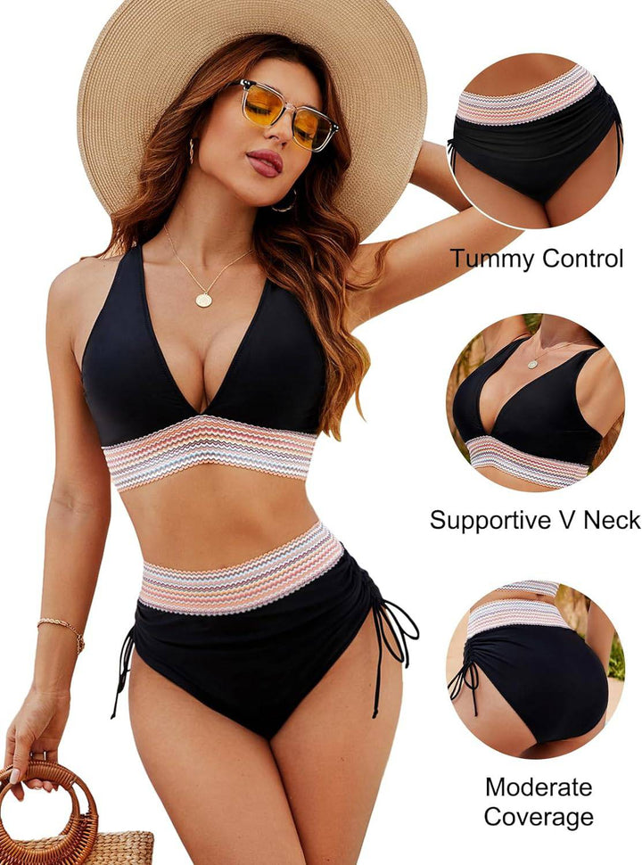 Moda mare donna: bikini a vita alta contenitivo, con spalline regolabili per la silhouette.