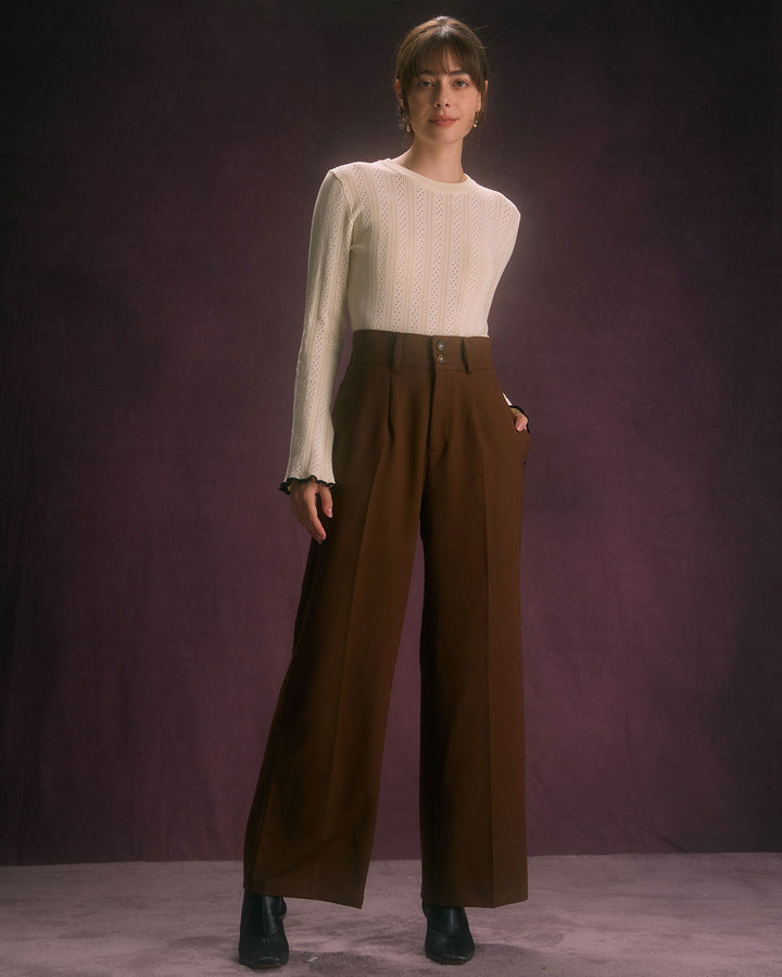 Pantaloni casual donna vita alta gamba dritta color caffè, comodi e versatili per ogni occasione.
