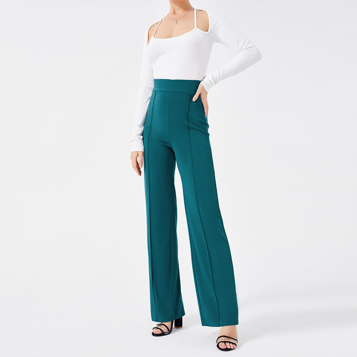 Pantaloni donna a zampa vita alta, slim fit, design pulito per look eleganti e professionali.