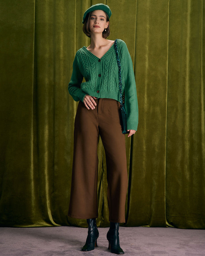 Vista posteriore dei pantaloni donna vita alta gamba dritta color caffè, che valorizzano la figura.