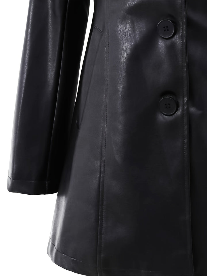 Cappotto nero midi elegante da donna con revers, design sfiancato. Un must-have per outfit alla moda.