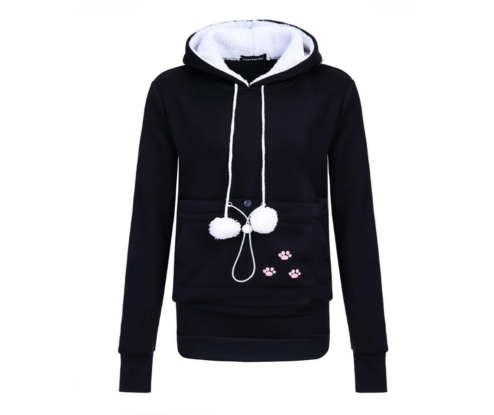 Felpa con cappuccio donna: dettaglio di stile rilassato e stampa gatto, un top perfetto per il comfort.
