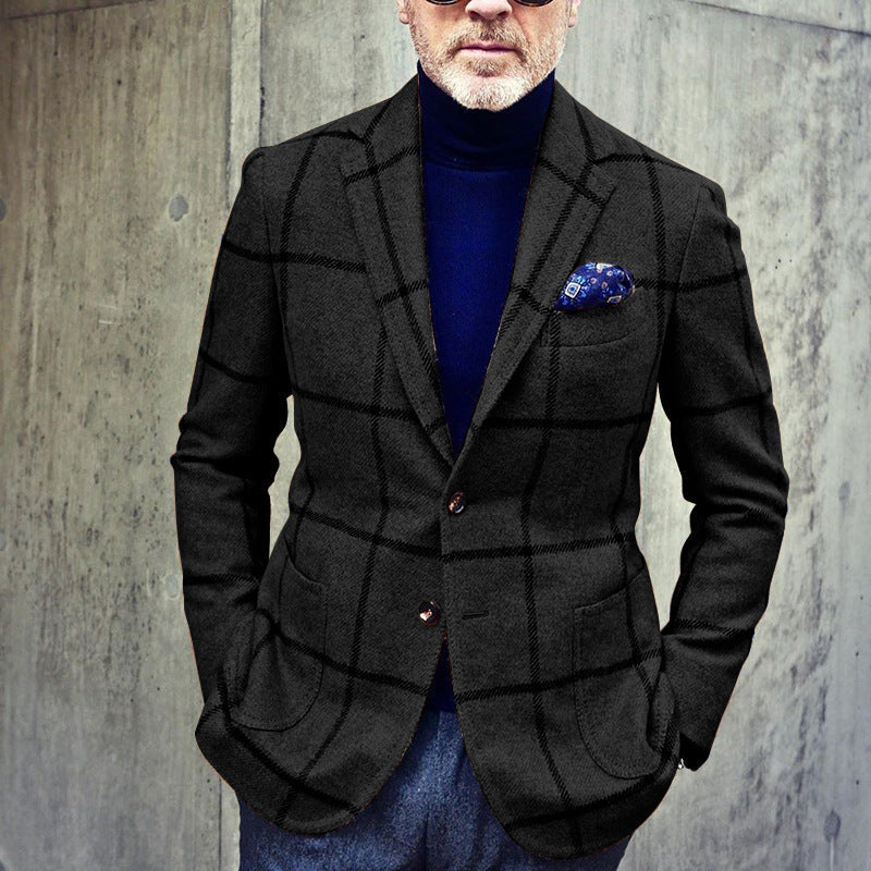 Elegante blazer plaid uomo slim fit, perfetto per l'abbigliamento formale da ufficio o un outfit casual chic autunnale.