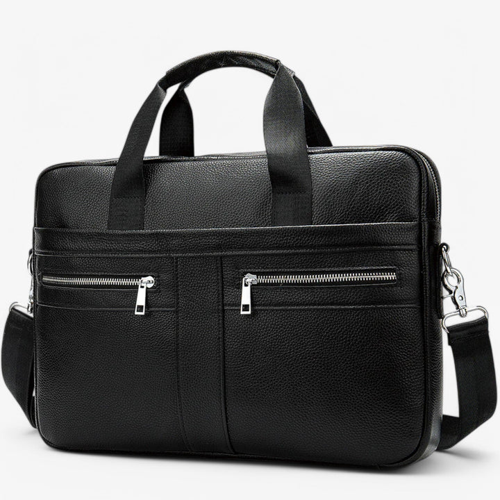 Borsa uomo in robusta pelle marrone, con tracolla rimovibile, ideale per documenti, laptop e uso quotidiano.