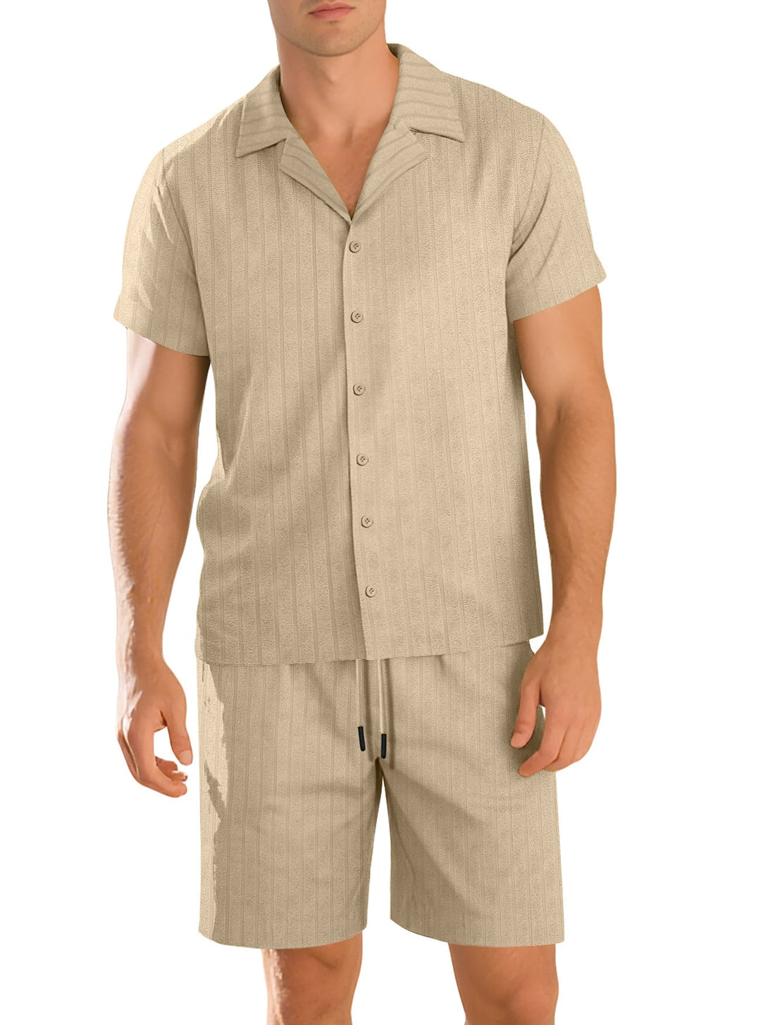 Set uomo in lino traspirante, completo casual con camicia a maniche corte e pantaloni. Ideale per il comfort.