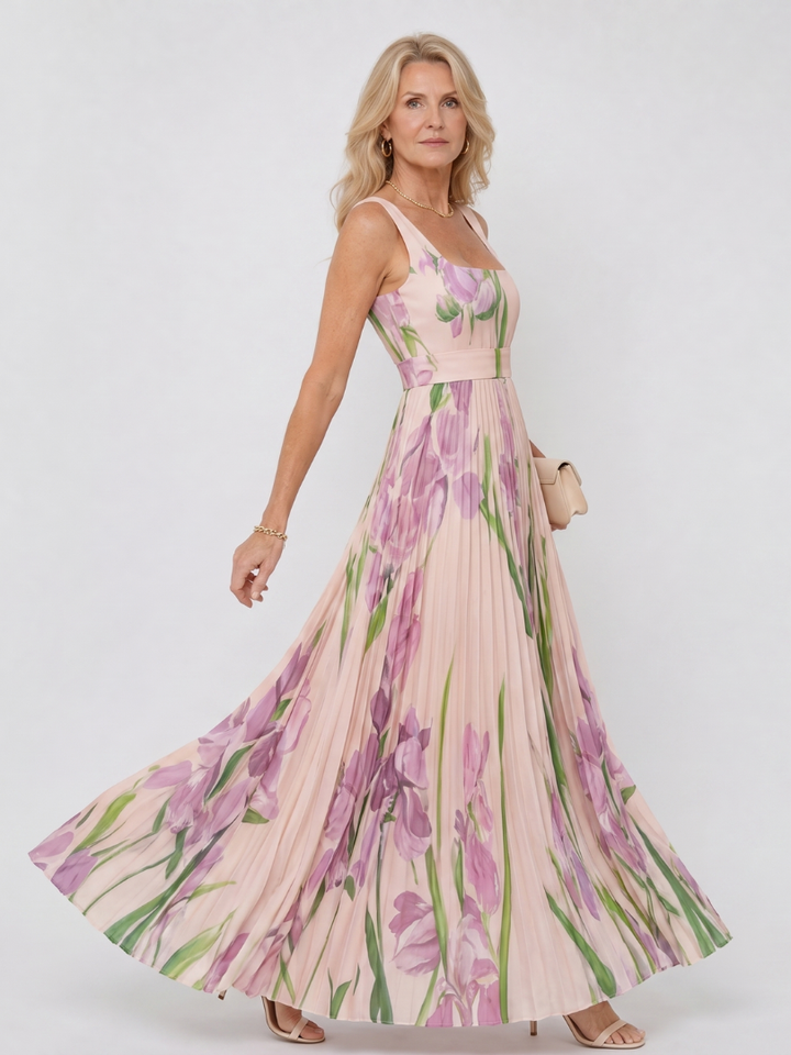Abito donna elegante midi, stile plissettato, scollo quadrato. Ideale per la stagione estiva e occasioni speciali.