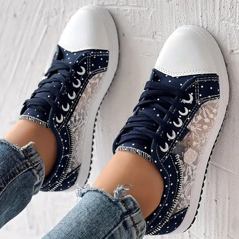 Scarpe comode donna blu ammortizzate, sneakers con punta ampia e supporto plantare per passeggio e comfort.
