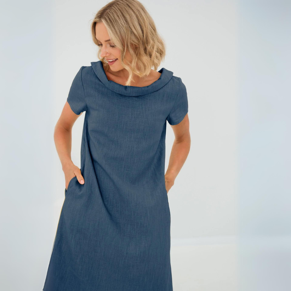 Abito donna estivo con tasche, realizzato in lino morbido per un look confortevole e alla moda.