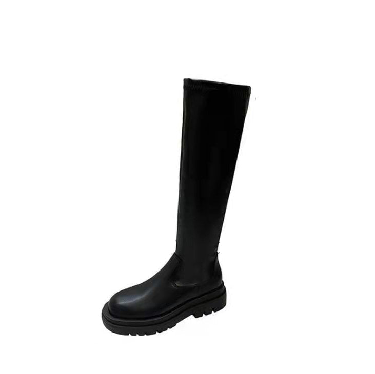 Eleganti stivali neri donna sopra il ginocchio, elasticizzati e con tacco medio. Scarpe comode ideali per l'autunno.