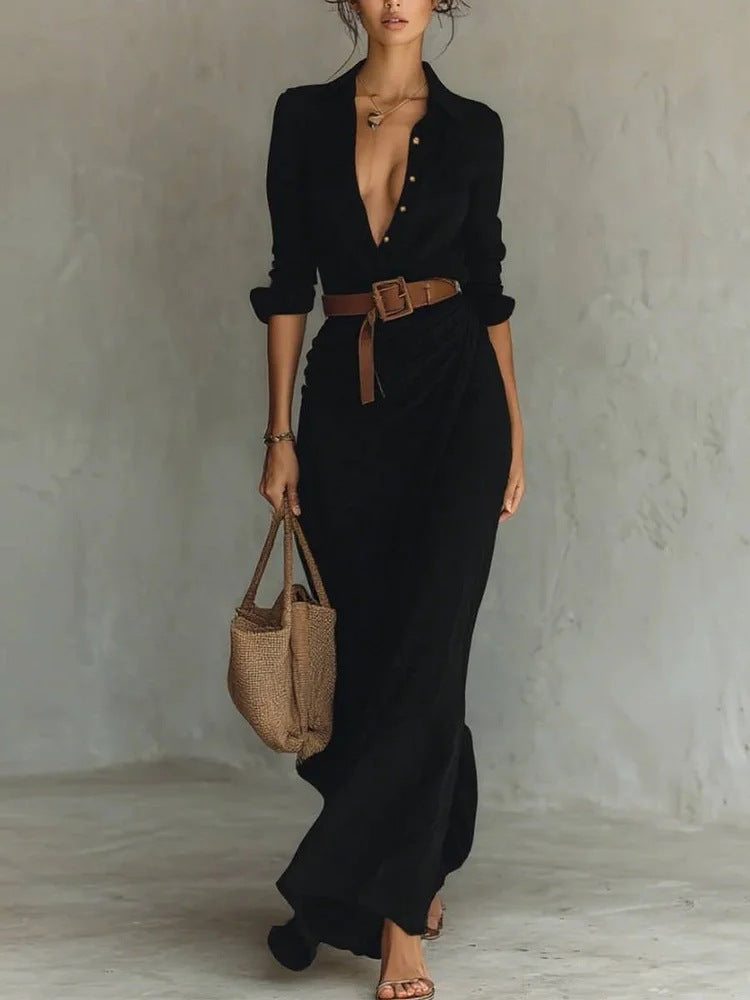 Elegante abito autunnale donna midi con volant, maniche lunghe e cintura. Perfetto per outfit autunnale casual o formale.