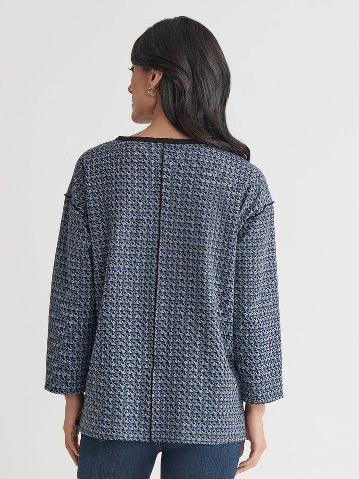 Blusa femminile a girocollo maniche lunghe, capo base versatile per abbigliamento casual donna blu grigio.