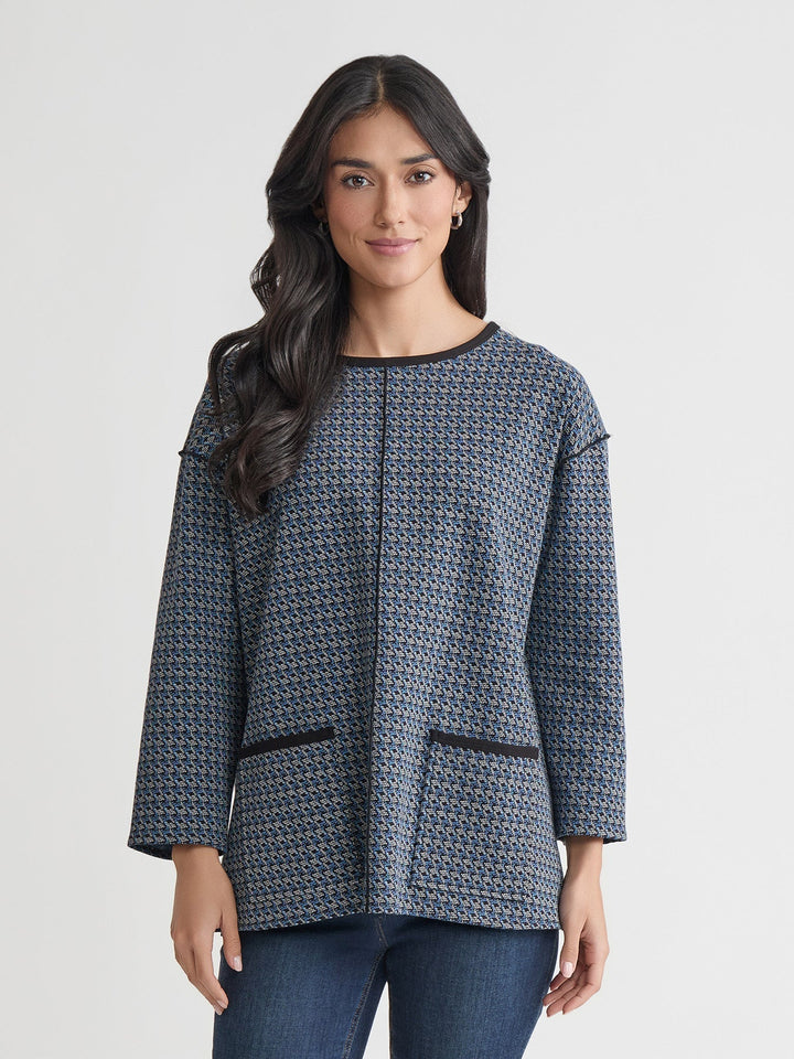 Maglia donna girocollo a maniche lunghe blu grigio per stile quotidiano e comfort. Top casual e versatile.