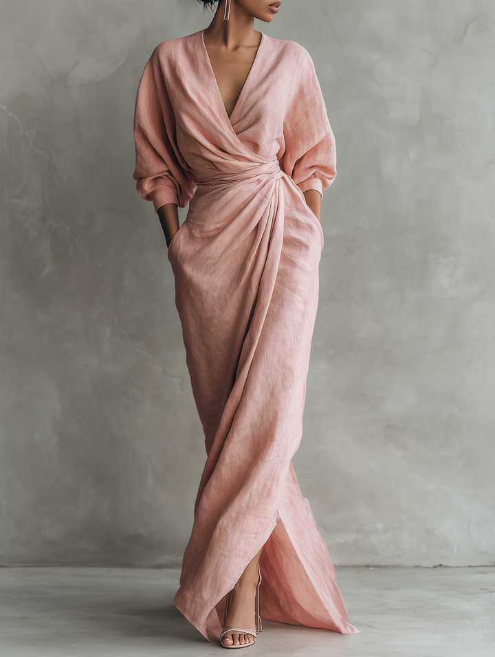 Elegante abito lungo donna a portafoglio in lino, scollo V. Perfetto per cerimonie estive e look fluido.