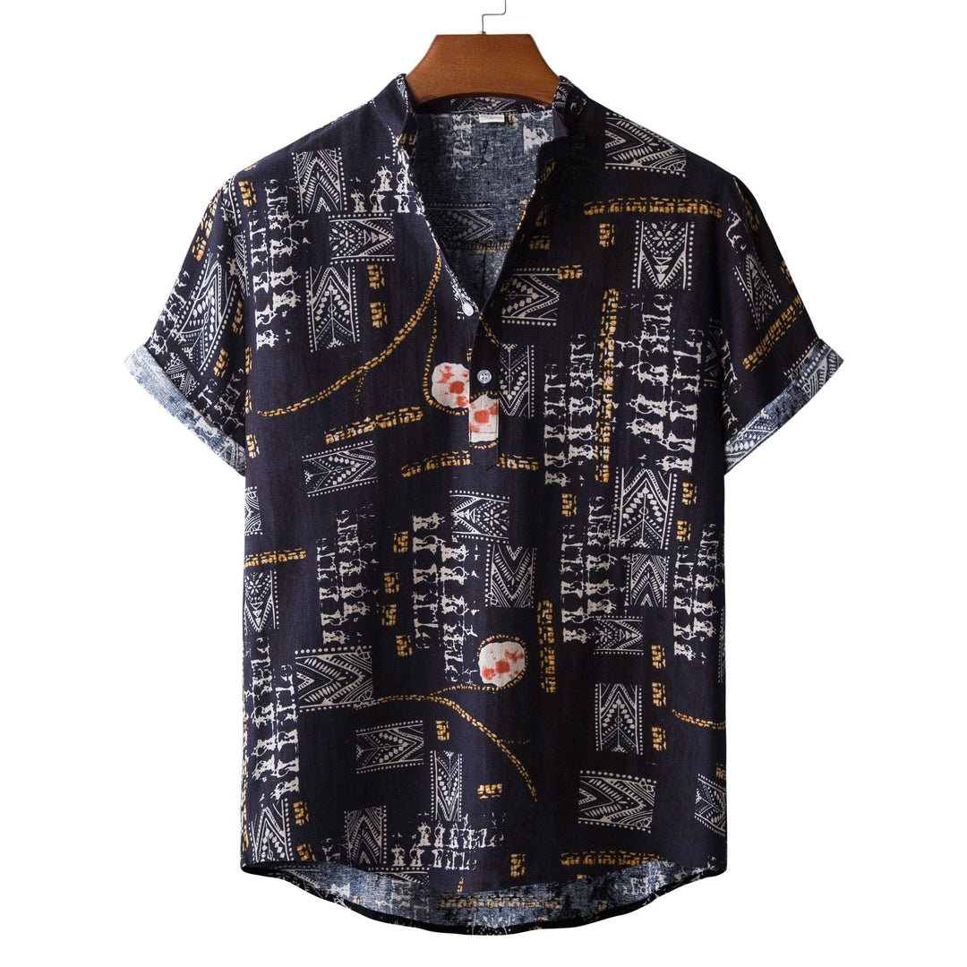 Camicia estiva uomo slim fit a maniche corte con stampa di bambù multicolore, ideale per vacanze.