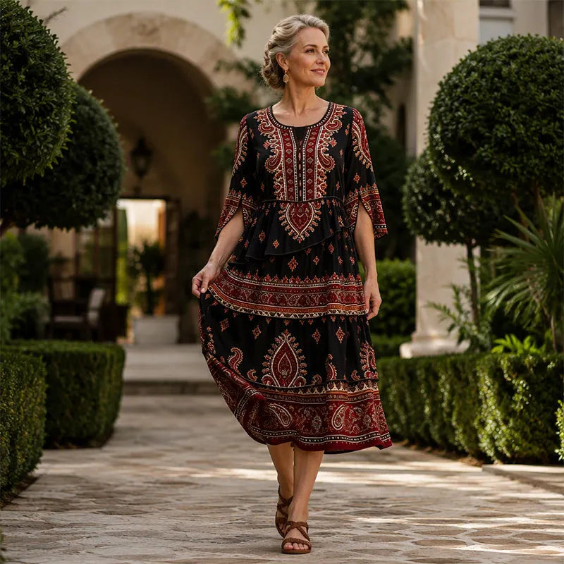 Vestito femminile bohémien con stampa etnica, volant delicati e taglio midi, ideale per giornate calde.