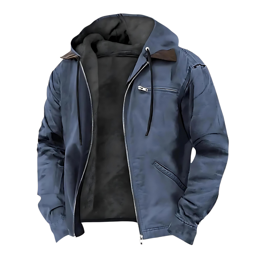 Giacca uomo moderna autunnale con cappuccio e zip. Leggera, antivento, ideale per transizione e comfort quotidiano.