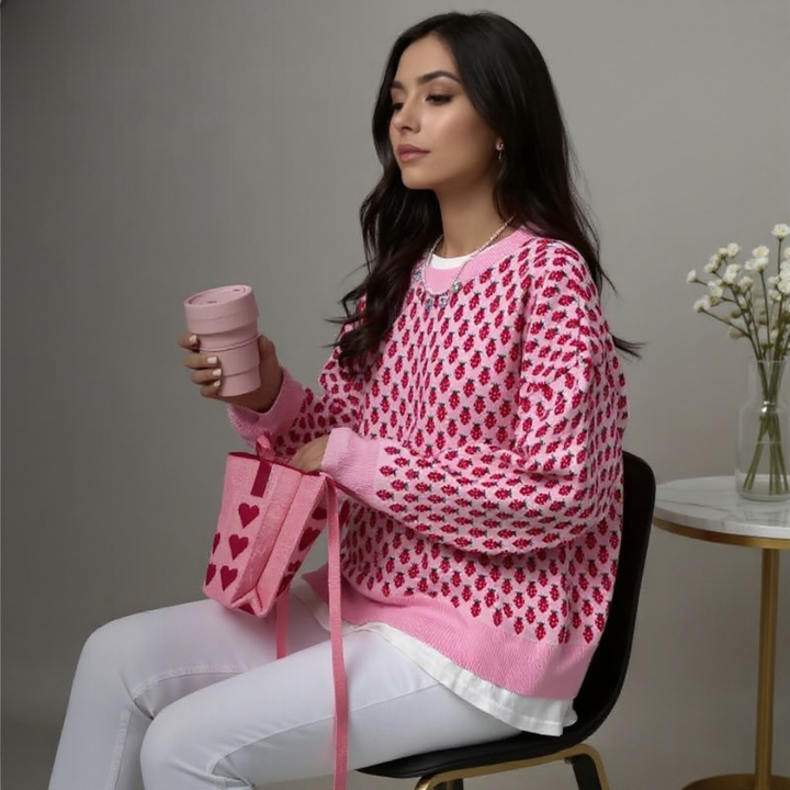 Maglione donna oversize stampa fragole. Girocollo casual, ideale per autunno inverno, molto comodo e alla moda.