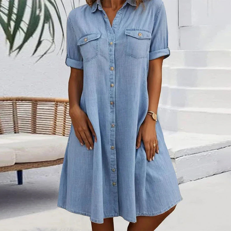Abito midi blu navy da donna con colletto a revers, ideale per un look ufficio professionale e stiloso.