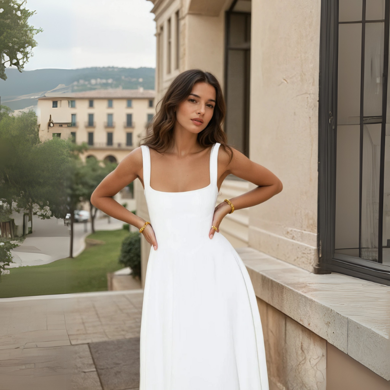 Abito midi elegante donna che valorizza la figura, scollo quadrato e vita a V, stile unico.