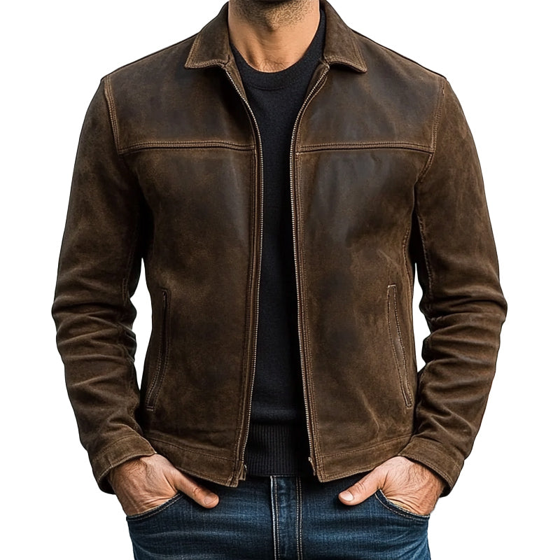 Giacca da uomo verde militare con collo alla coreana e cerniera. Capo autunnale di tendenza per outfit casual.