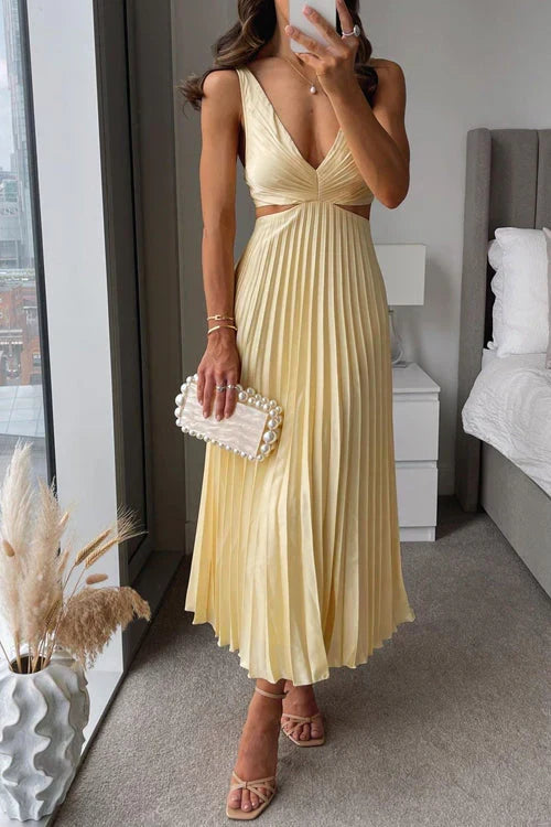 Abito elegante maxi primaverile/autunnale da donna, scollo a V. Perfetto per un look casual o da sera raffinato.