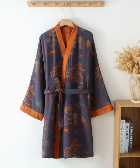 Accappatoio kimono retrò unisex traspirante con cintura, perfetto per relax a casa o spa.