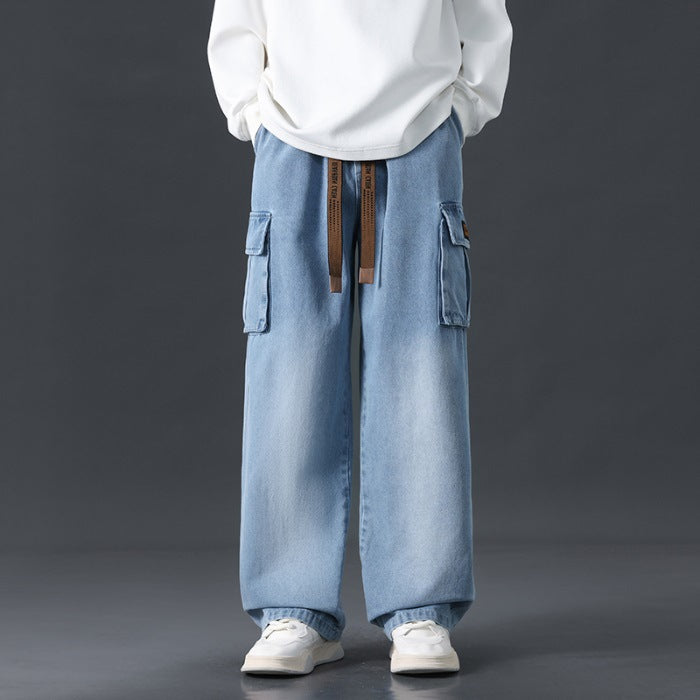 Pantaloni uomo denim con vestibilità ampia, effetto sfumato blu grigio, per stile casual e moda maschile.