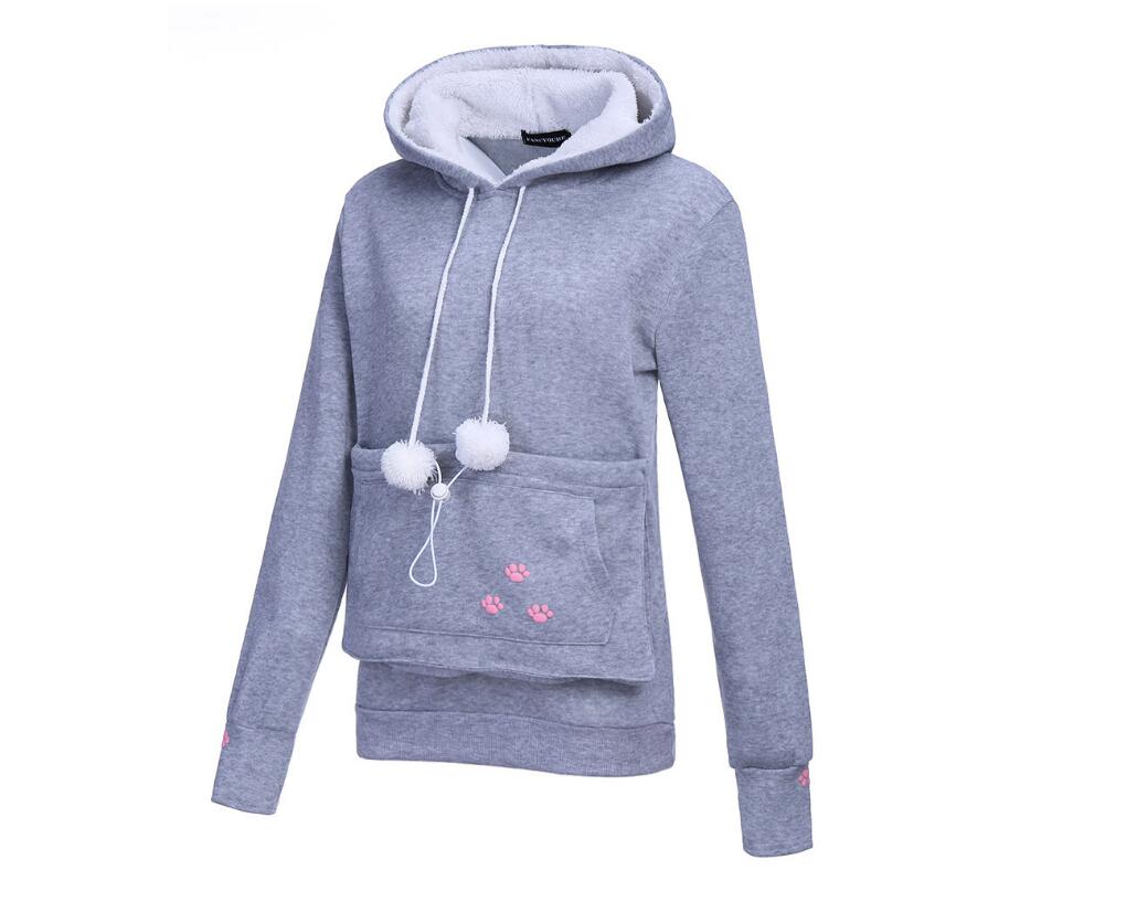 Felpa donna super confortevole con cappuccio e divertente stampa gatto, ideale per abbigliamento casual.