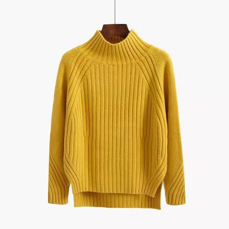 Elegante maglione donna a collo alto, design pullover e maniche raglan. Abbigliamento moda autunno inverno.