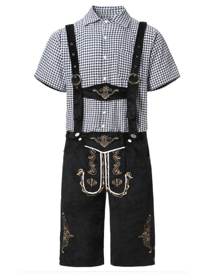 Abito tradizionale bavarese uomo per Oktoberfest: Lederhosen, bretelle e camicia a quadri autentica.